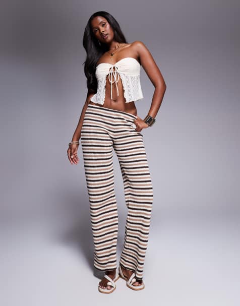 ASOS DESSIGN mix & match knitted wide leg pull on trousers in brown stripe - view 1