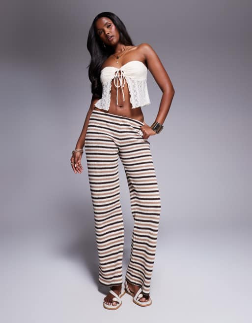 ASOS DESSIGN mix & match knitted wide leg pull on trousers in brown stripe