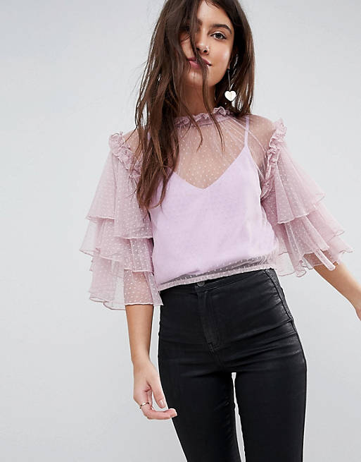 ASOS Dobby Mesh Top with Ruffle Sleeves