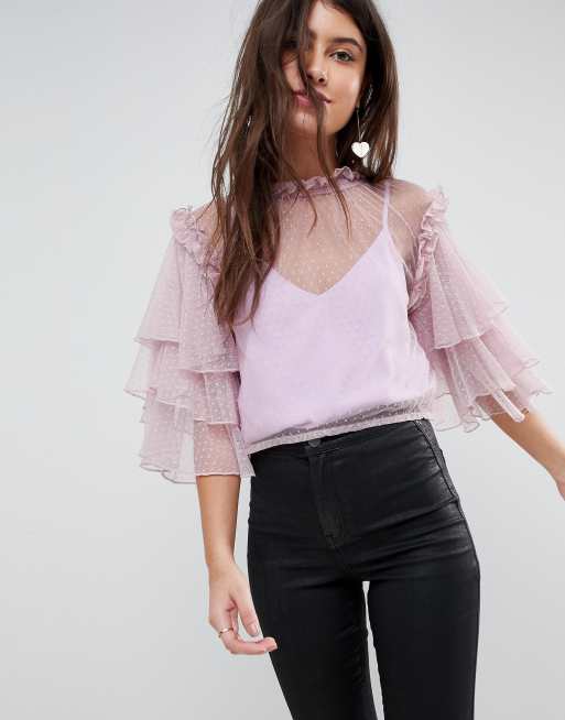 Mesh ruffle sales sleeve top