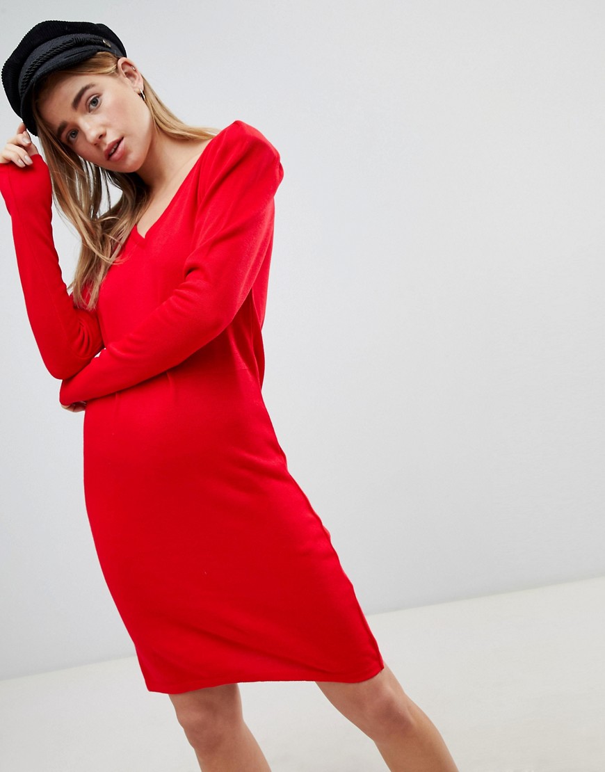 ASOS Dress With V Neck And Shoulder Pad-Red