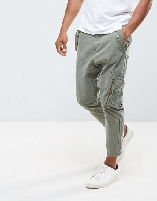 ASOS Drop Crotch Cargo Trousers With Strapping Details In Khaki