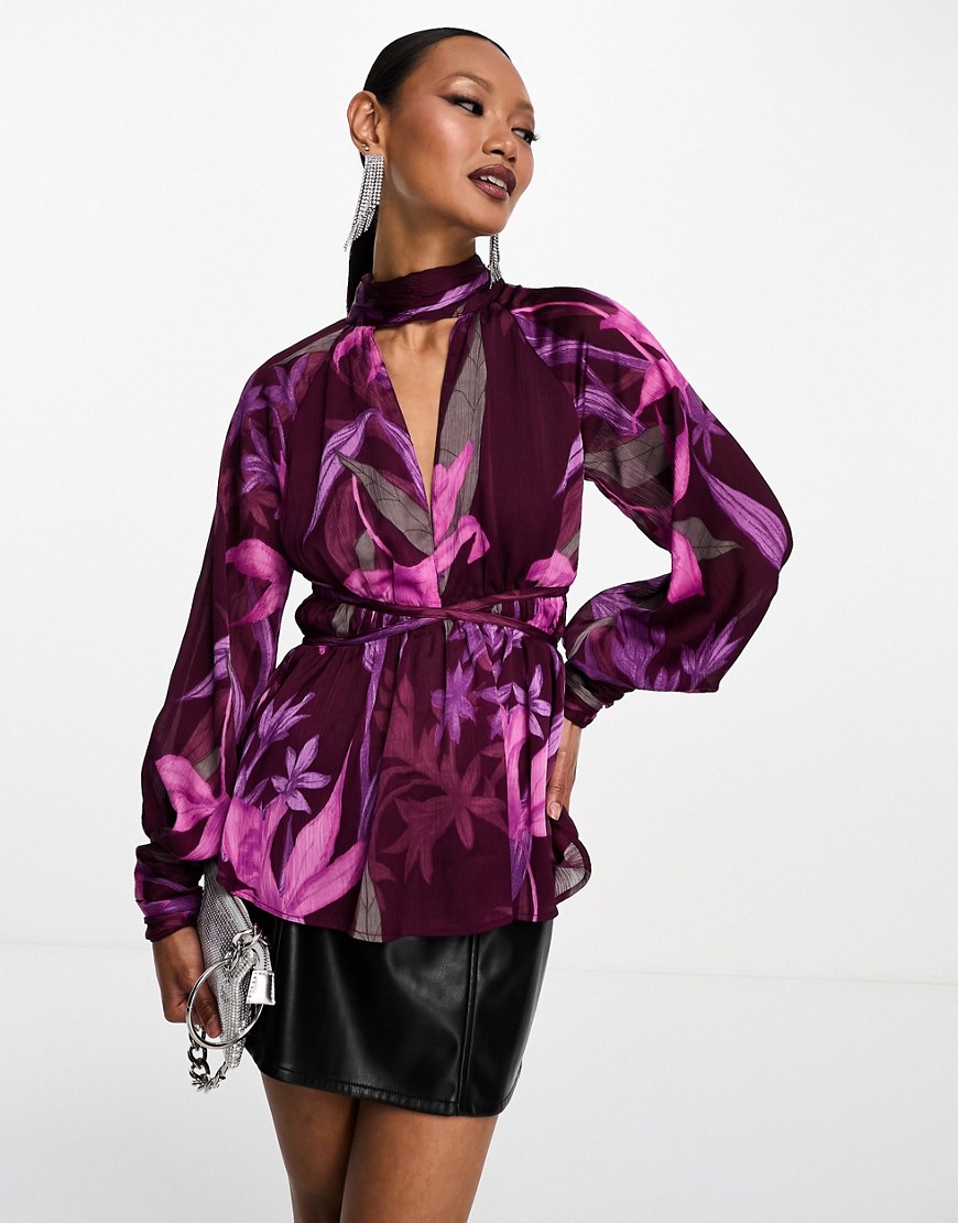 ASOS DSEIGN high neck long sleeve blouse with peplum hem & cut out keyhole detail in bright pink & purple-Multi