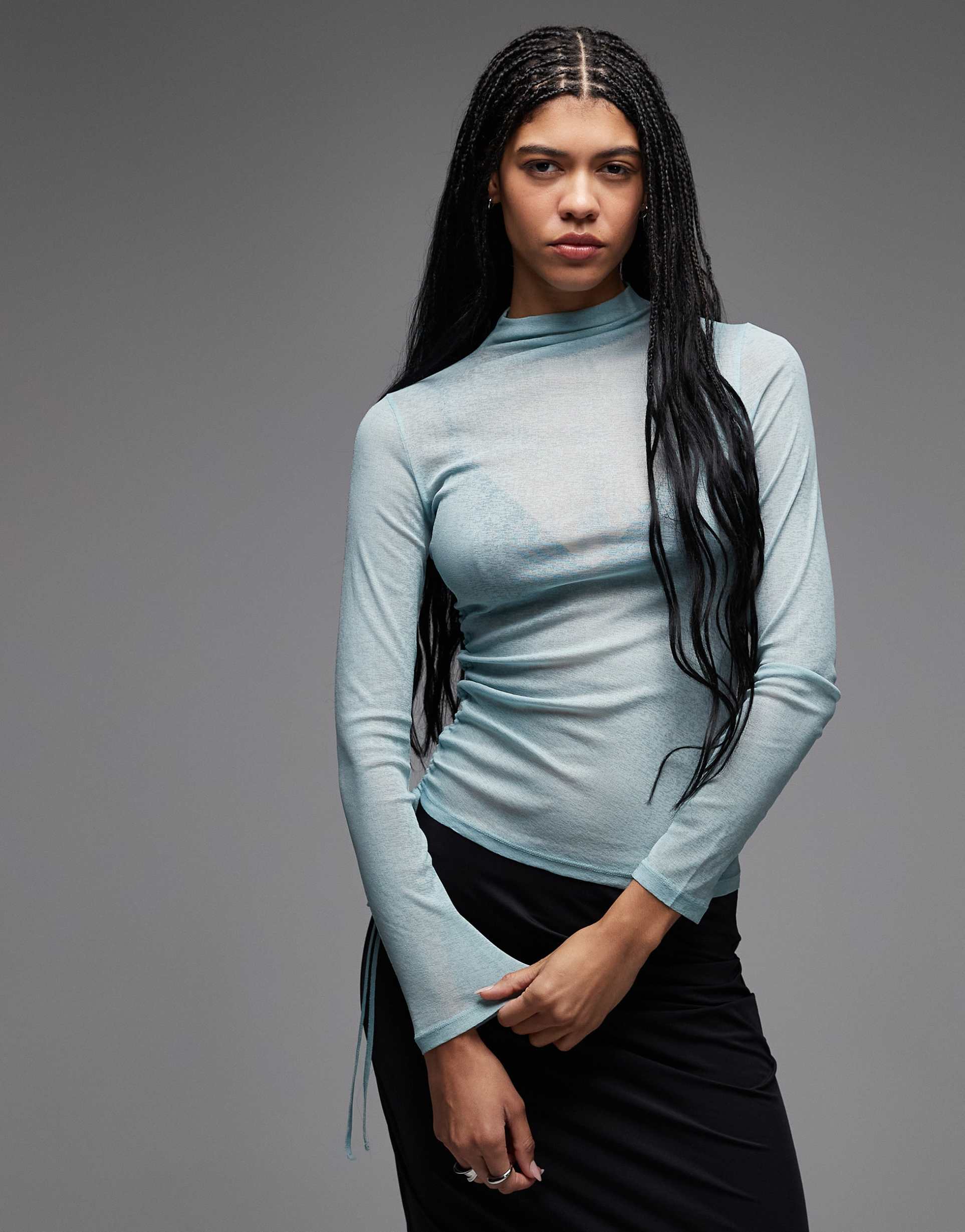 asos dsign high neck semi sheer ruched long sleeve top in light gray