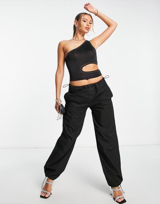 ASOS DSIGN one shoulder hot fix cut out crop top in black ASOS