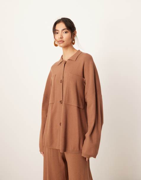 ASOS – Durchgeknöpftes Strickhemd in Toffeebraun, Kombiteil - view 1