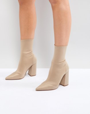 asos design elsie high heeled sock boots in bone patent