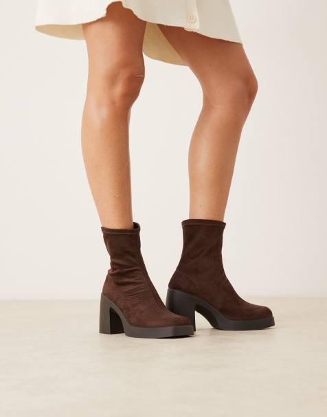 ASOS EDISON Wide Fit Edison square toe chunky heeled sock boots in chocolate suedette - view 1