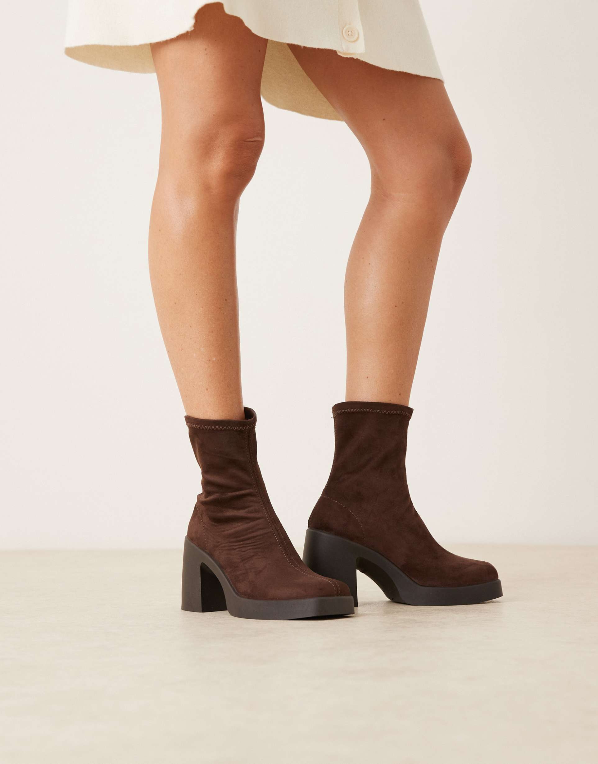 asos edison wide fit edison square toe chunky heeled sock boots in chocolate suedette