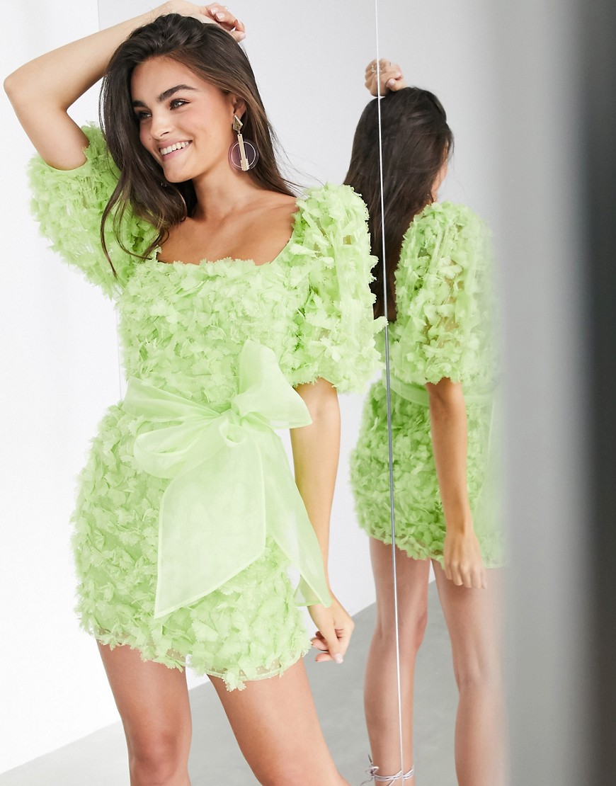 Asos Design 3d Floral Organza Mini Dress-green