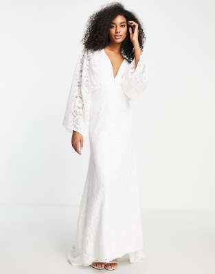 Asos Design Abigail Kimono Sleeve Lace Wedding Dress-white ModeSens