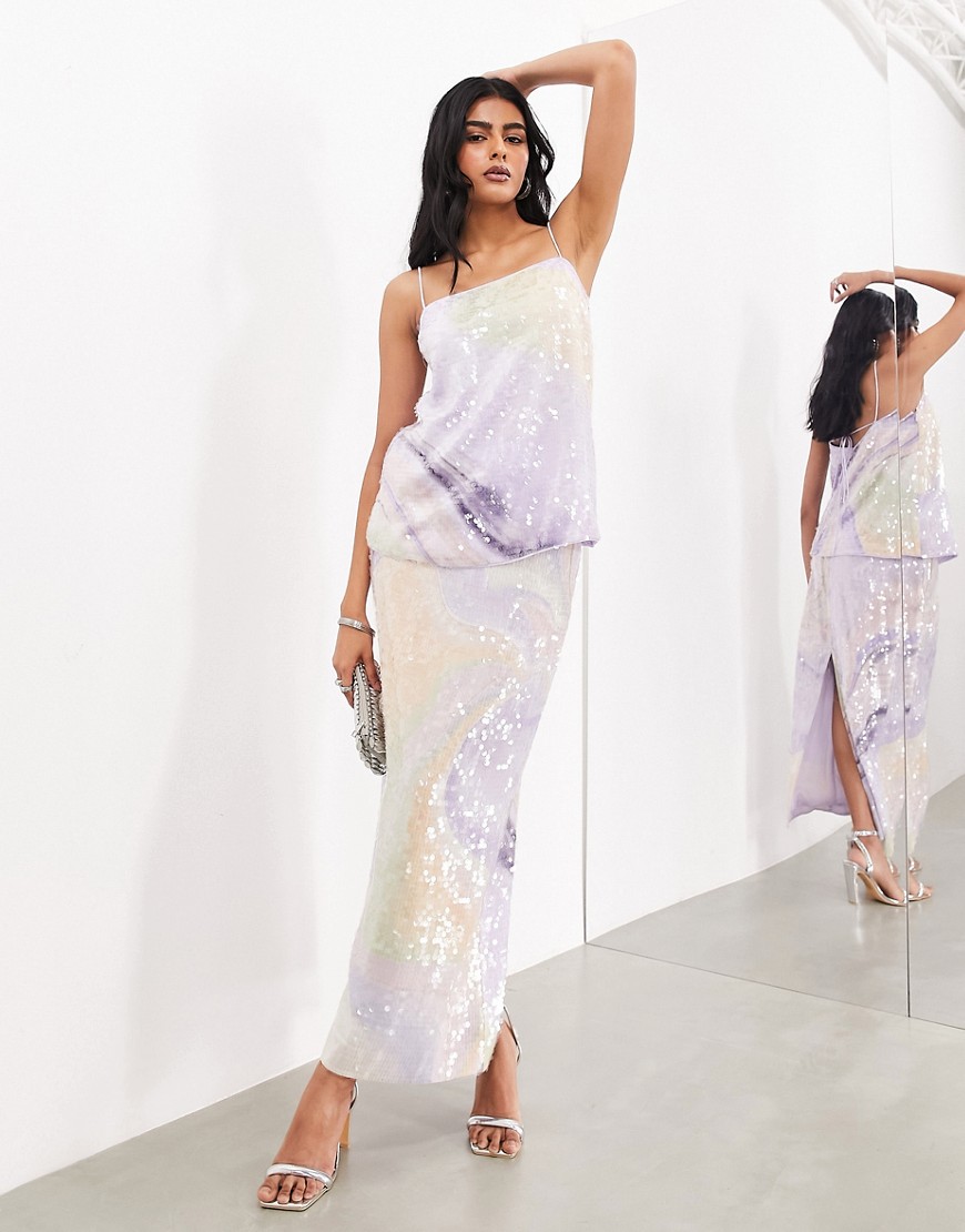 ASOS EDITION abstract print sequin maxi skirt co-ord in purple swirl-Multi