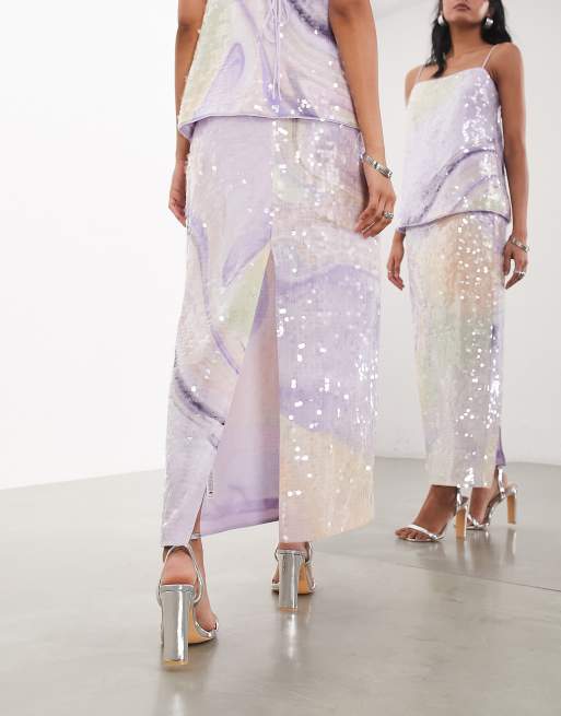 ASOS EDITION abstract print sequin longline cami top & maxi skirt set in  purple