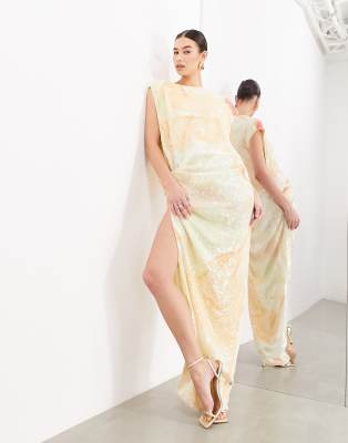 Asos Edition Abstract Print Sequin Open Side Drape Midi Dress In Swirl Print-Multi