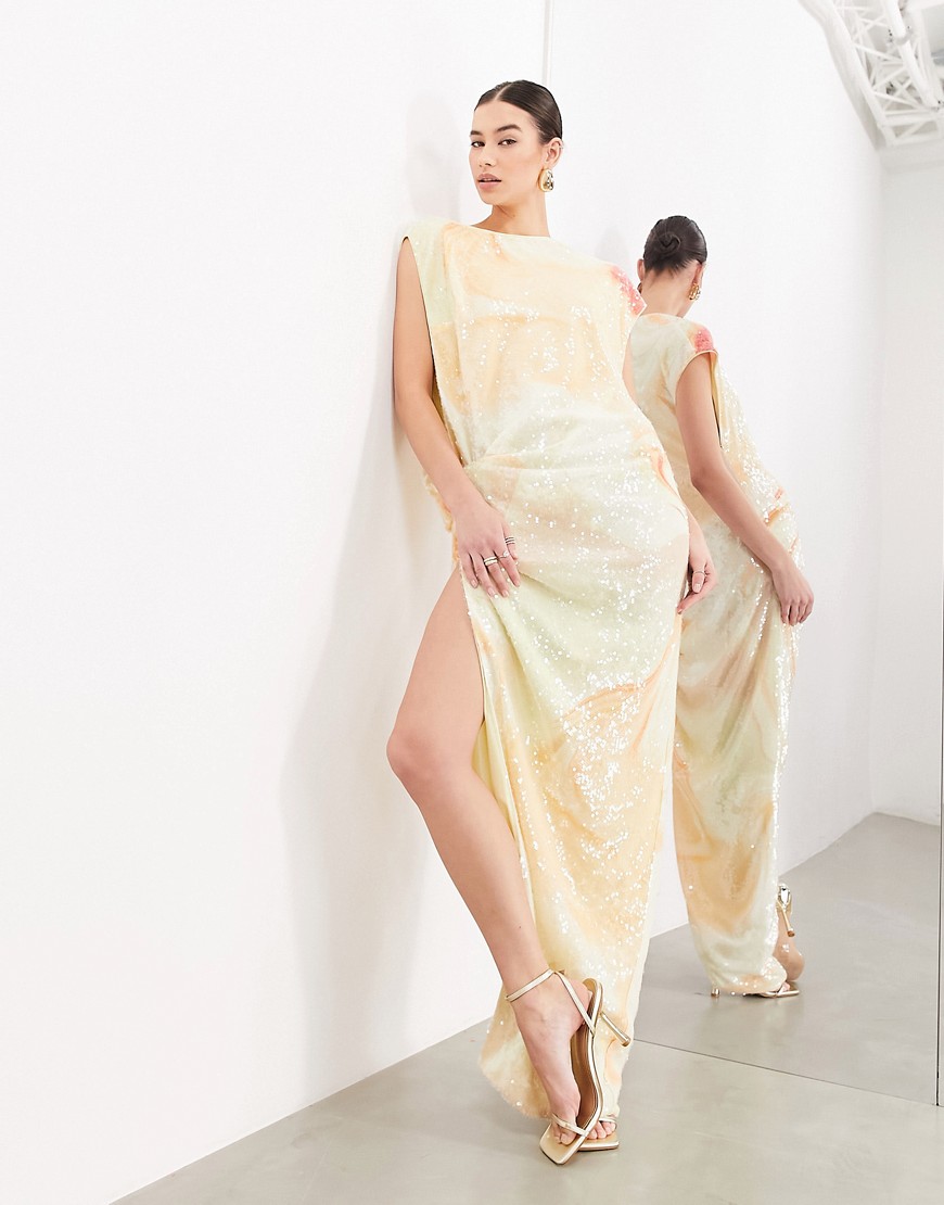 abstract print sequin open side drape midi dress in swirl print-Multi