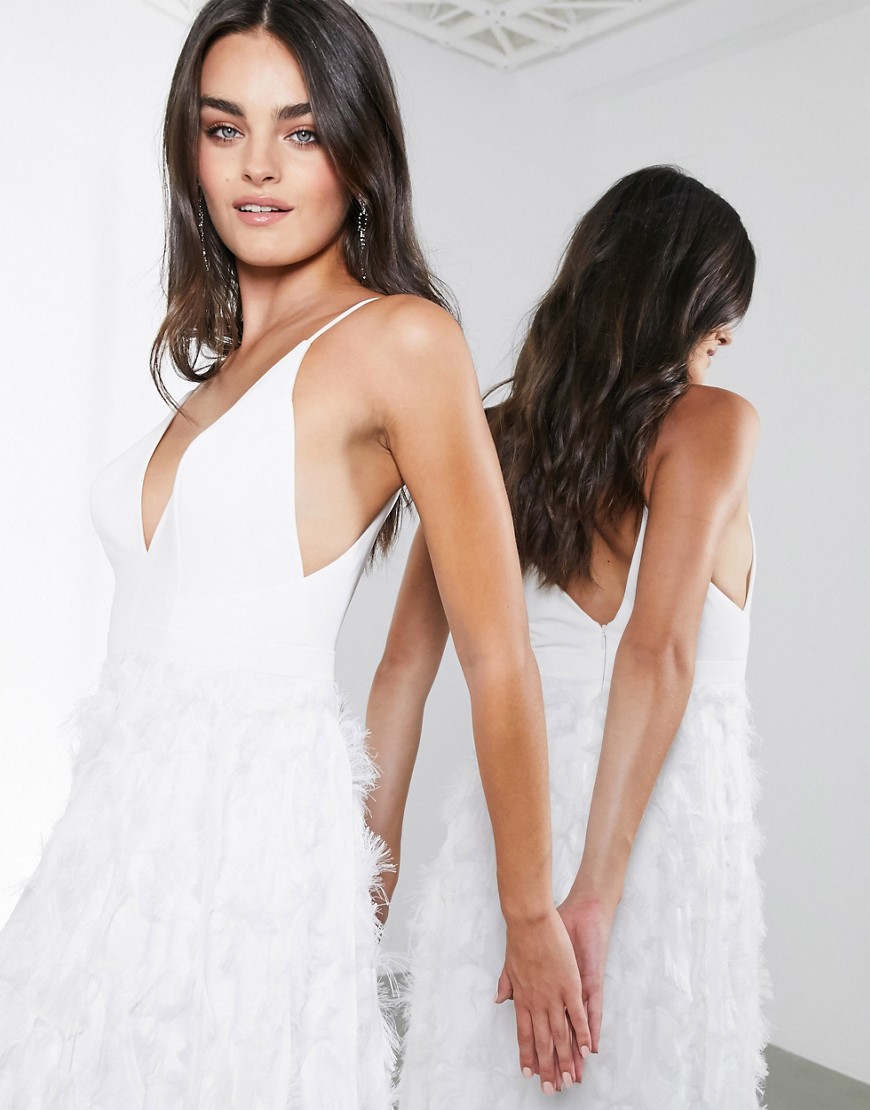 ASOS EDITION Afira plunge wedding dress with feather effect skirt-White