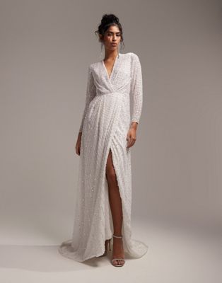 ASOS DESIGN Alexa sequin long sleeve wrap wedding dress in