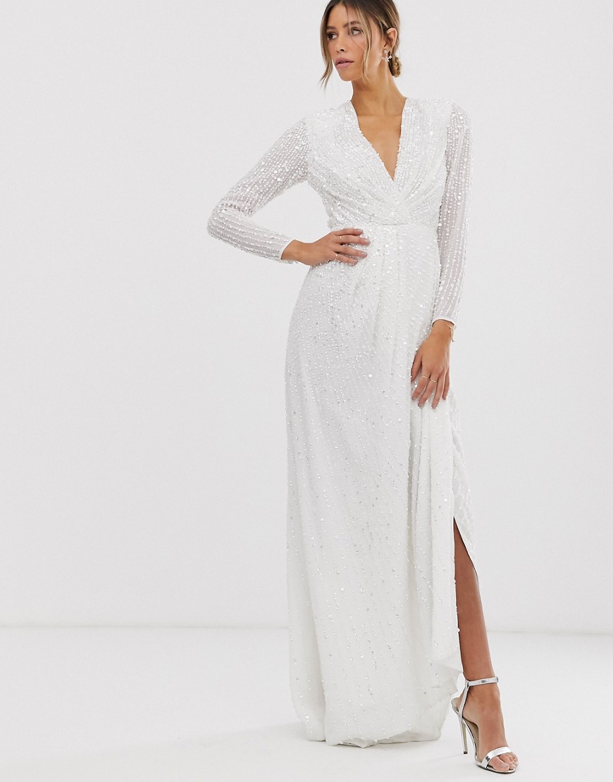 ASOS EDITION – Alexa – Plisowana, kopertowa sukienka ślubna z głębokim dekoltem i cekinami-Biały
