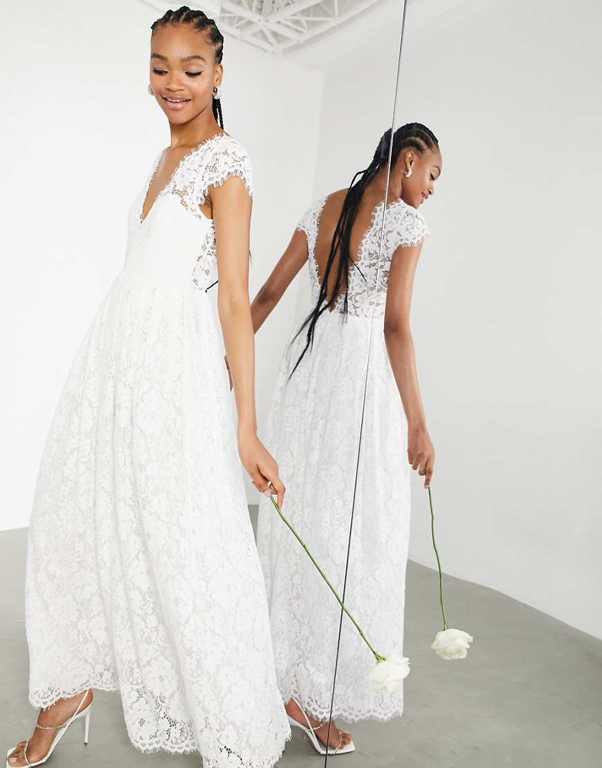 ASOS EDITION Alexandra cap sleeve v neck lace wedding dress-White