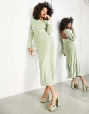 Asos Design All Over Sequin Backless Drape Midi Dress In Sage Green
