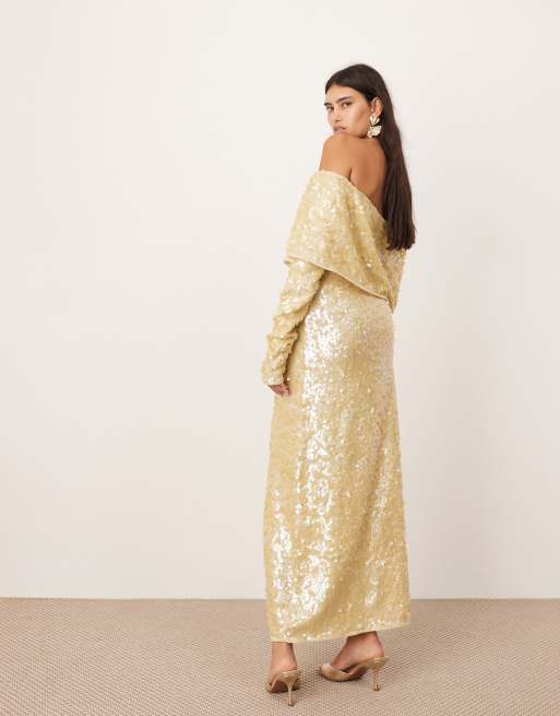 ASOS EDITION all over sequin knitted bardot maxi dress in cream, 2 of 4