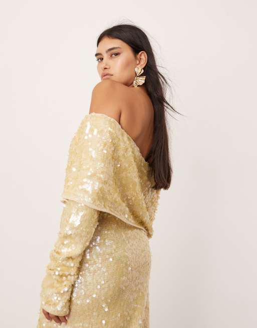 ASOS EDITION all over sequin knitted bardot maxi dress in cream, 4 of 4