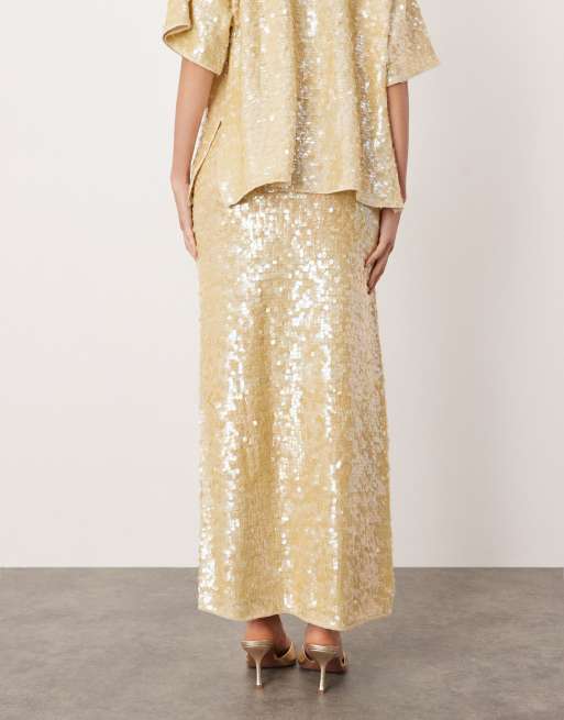 ASOS EDITION all over sequin knitted maxi skirt in cream (part of