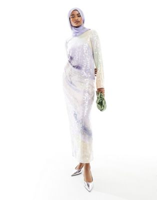 all over sequin long sleeve maxi dress in pastel abstract print-Multi