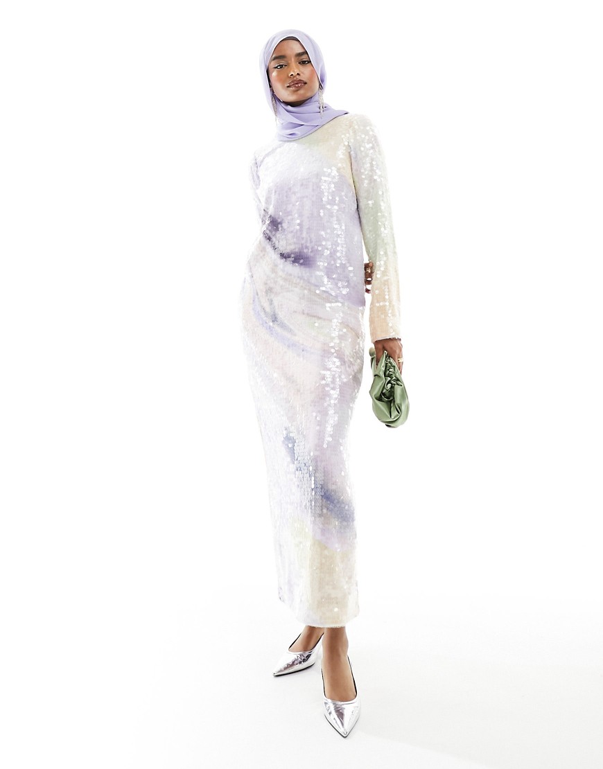 ASOS EDITION all over sequin long sleeve maxi dress in pastel abstract print-Multi