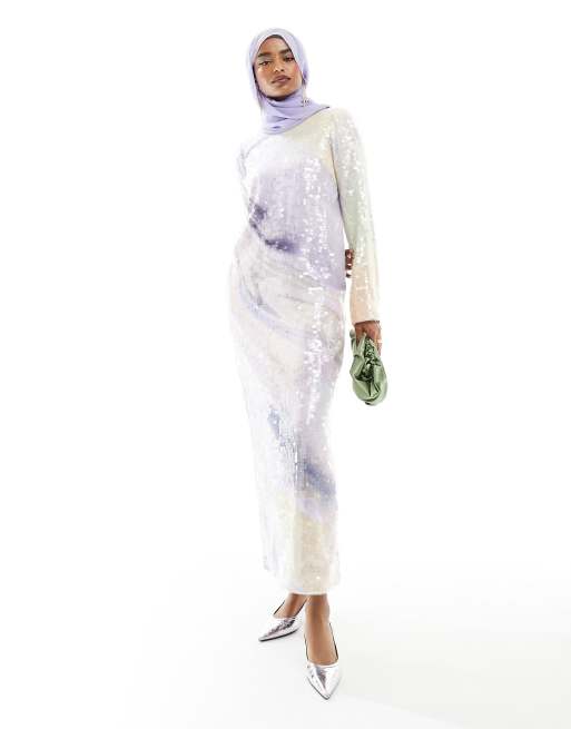 FhyzicsShops EDITION all over sequin long sleeve maxi dress in pastel abstract print