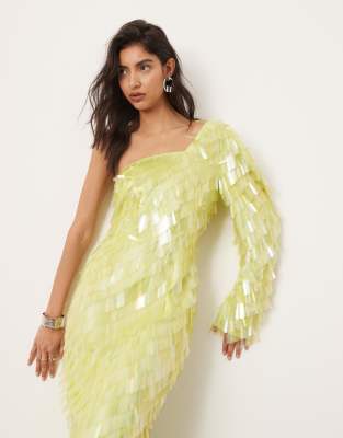 allover embellished one shoulder midi dress in lime-Green