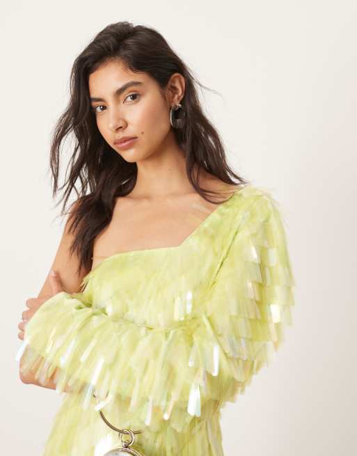 ASOS EDITION allover embellished one shoulder midi dress in lime