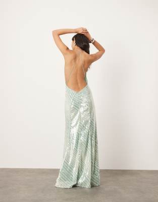 ASOS EDITION ASOS EDITION allover sequin deep cowl neck maxi dress in mint stripe print-Multi