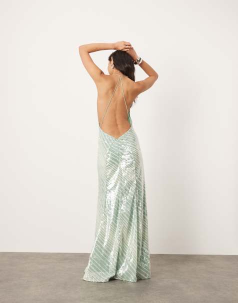 ASOS EDITION allover sequin deep cowl neck maxi dress in mint stripe print - view 1