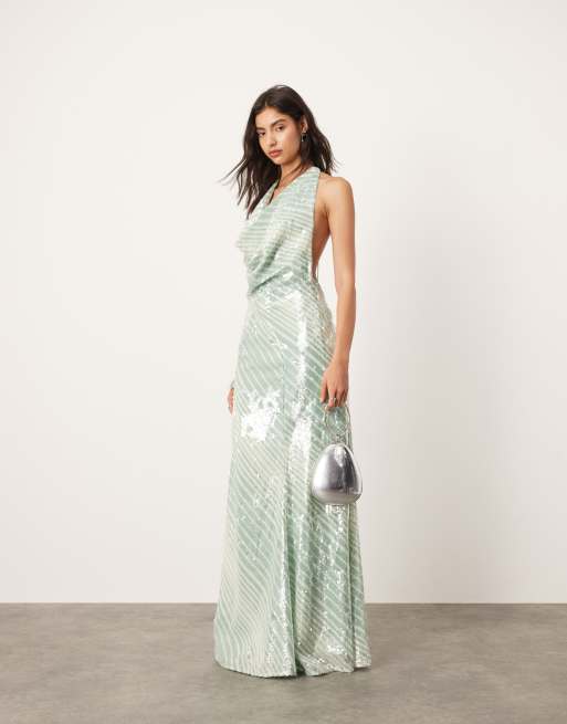 ASOS EDITION allover sequin deep cowl neck maxi dress in mint stripe print