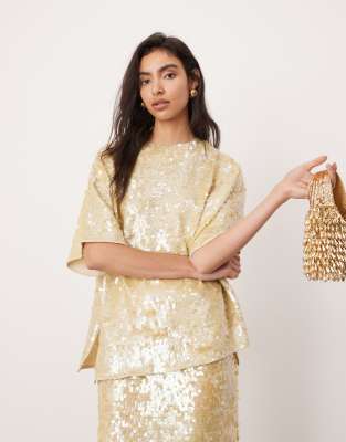 allover sequin knitted oversized t-shirt in cream - part of a set-White