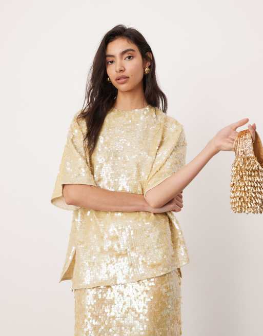 ASOS EDITION allover sequin knitted oversized t-shirt in cream - part of a set, 2 of 4
