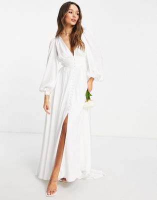 ASOS EDITION Alyssa satin wedding dress with blouson sleeve and button front - ASOS Price Checker