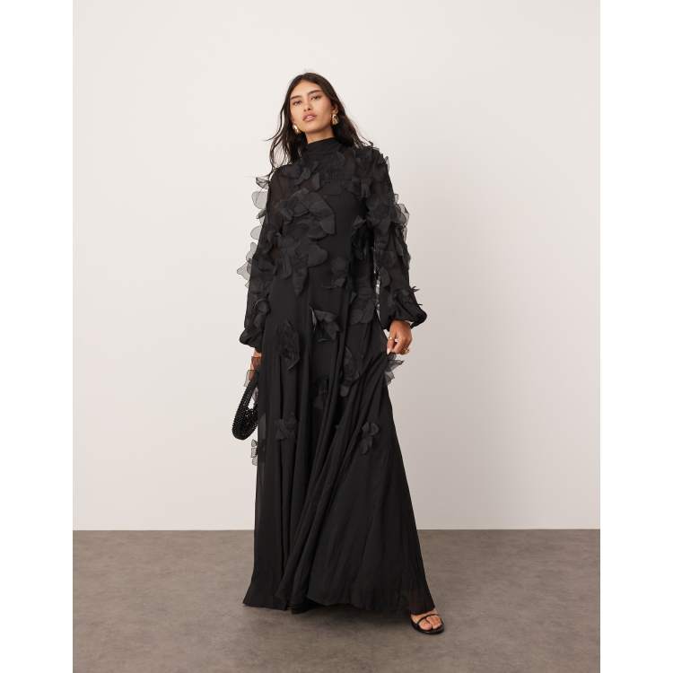 black dress asos ASOS DESIGN floral applique sheer maxi dress with train in black