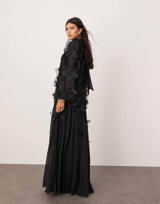 ASOS EDITION applique allover floral tie neck trapeze maxi dress in black, 4 of 4