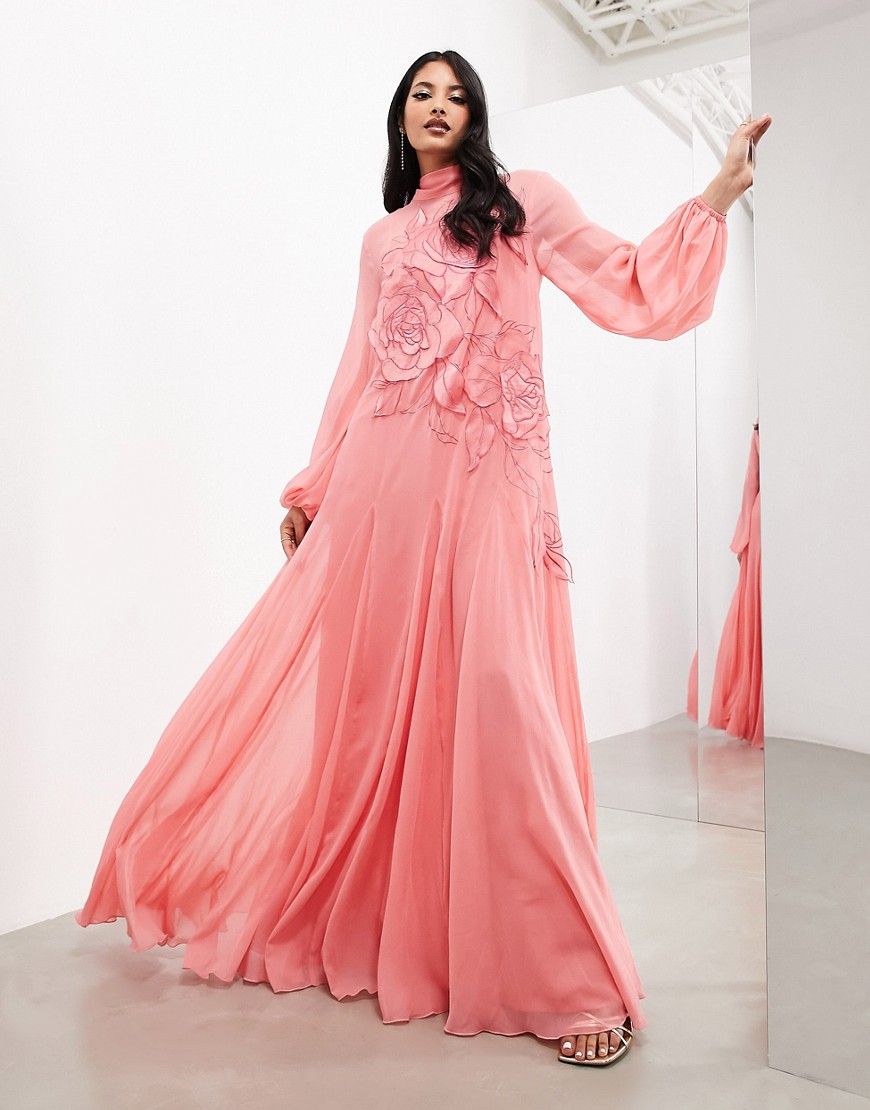 Asos Design Applique Floral Tie Neck Blouson Sleeve Trapeze Maxi Dress In Light Pink
