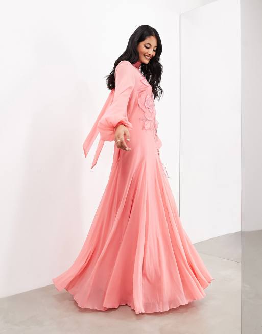 ASOS EDITION blouson sleeve floral embroidered maxi dress with open back in  light pink