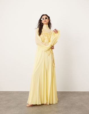 applique floral tie neck blouson sleeve trapeze maxi dress in soft yellow-Pink