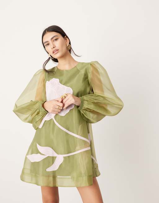 ASOS EDITION applique floral volume sleeve A line mini dress in khaki ASOS