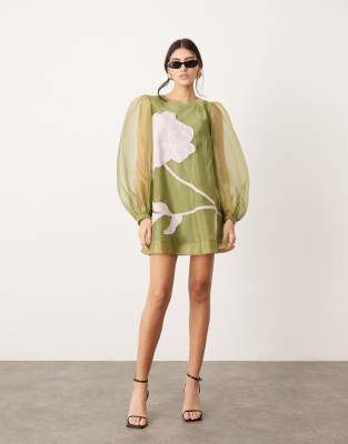 Asos Design Applique Floral Volume Sleeve A-line Mini Dress In Olive-green