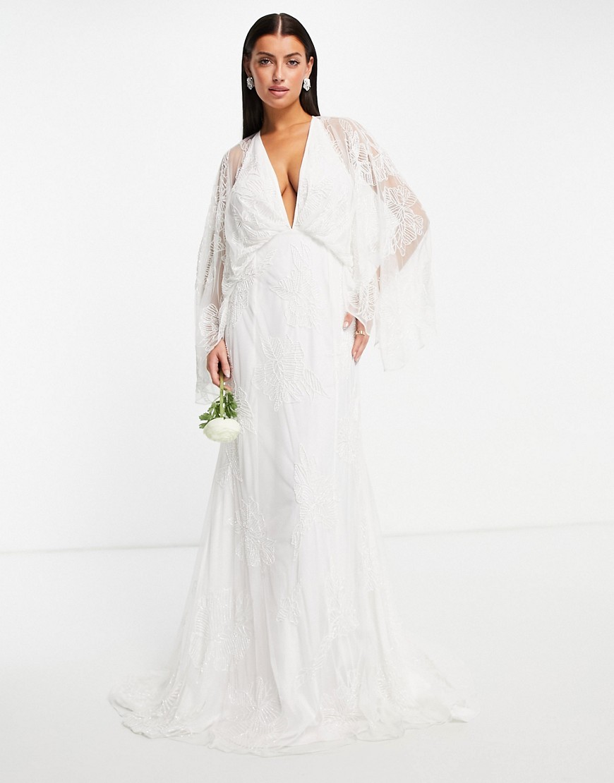 ASOS EDITION Aria kimono sleeve wedding dress with floral embellishment-White