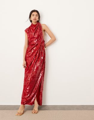 ASOS EDITION - Ärmelloses, drapiertes Maxi-Paillettenkleid in Rot mit lockerem Schnitt und Neckholder-Träger