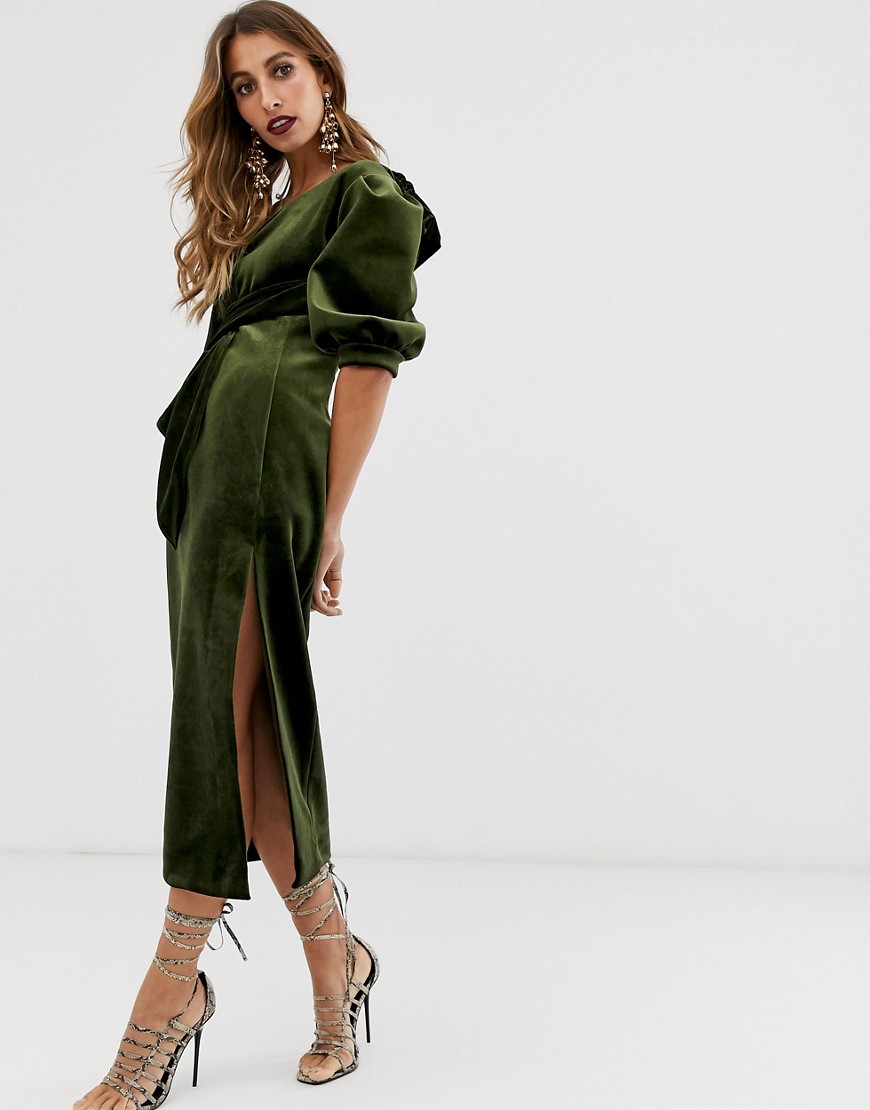 ASOS EDITION asymetric puff sleeve midi dress in velvet-Green