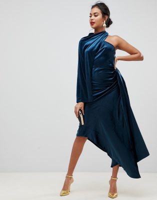 asos edition asymmetric drape dress in velvet