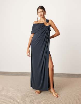 Shop Asos Design Asymmetric Neck Maxi Dress With Spiral Trim In Gray
